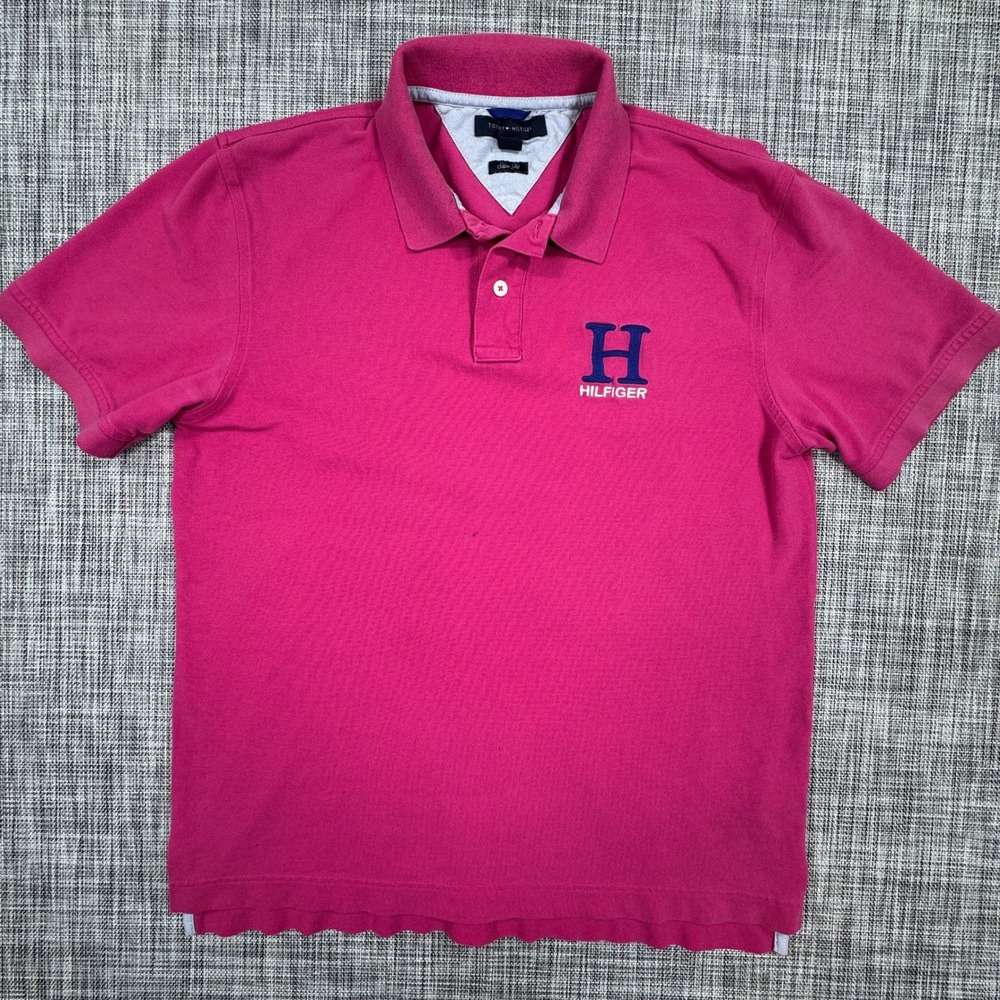 Tommy Hilfiger Polo Shirt Mens XL Pink Slim Fit Cotton Embroidered H Chest Logo